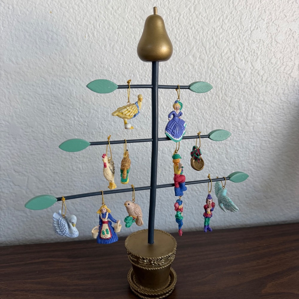 Miniature 12 Days of Christmas Ornament Set w/ Metal Display Tree Gold Pear 70's